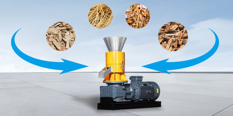 Various raw materials like wood chips, straw, and sawdust ready for pelletizing