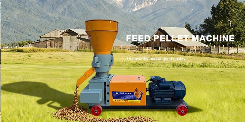 A small animal feed pellet mill in operation on a farm