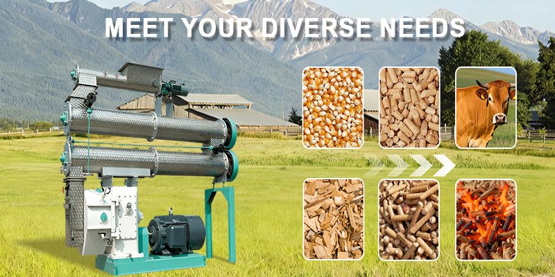 A collage of different types of pellets: animal feed, wood pellets, and fertilizer pellets