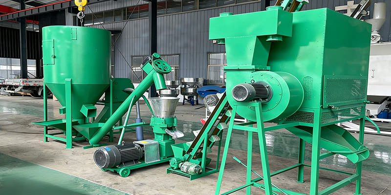 An overview shot of a complete, automated feed pellet production line.