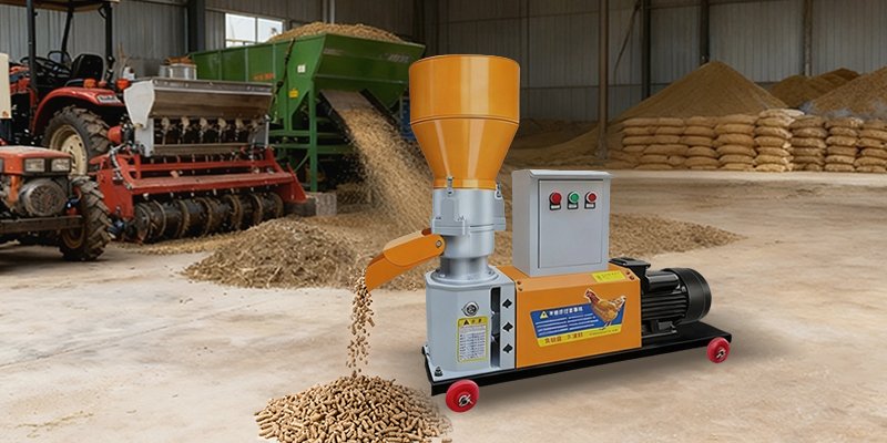 A complete feed pellet machine setup in a farm workshop.