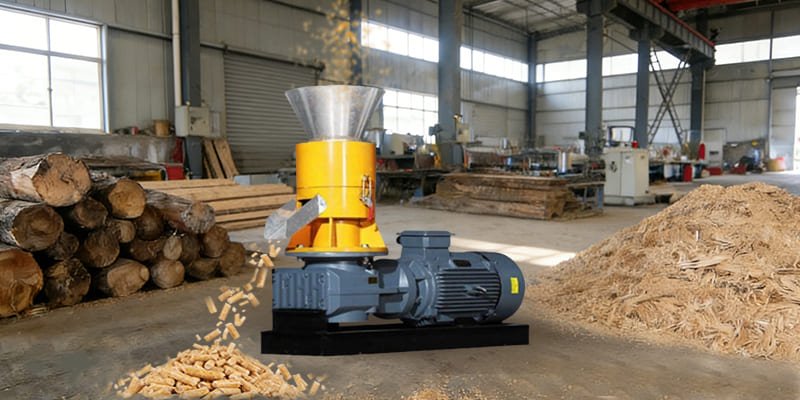 A small, homemade pellet mill turning sawdust into wood pellets.