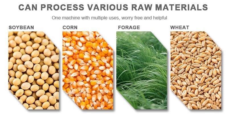 a variety of raw materials like corn, soy, and grass ready for pelleting