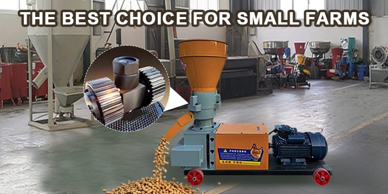 Diagram of a flat die pellet machine with rollers pressing on a flat plate.