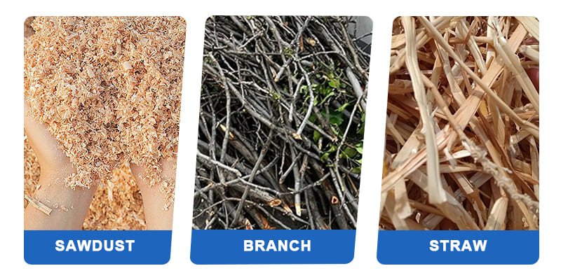 A collection of raw biomass materials: wood chips, sawdust, and straw.