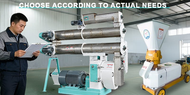 a manager reviewing a checklist next to two types of pellet machines