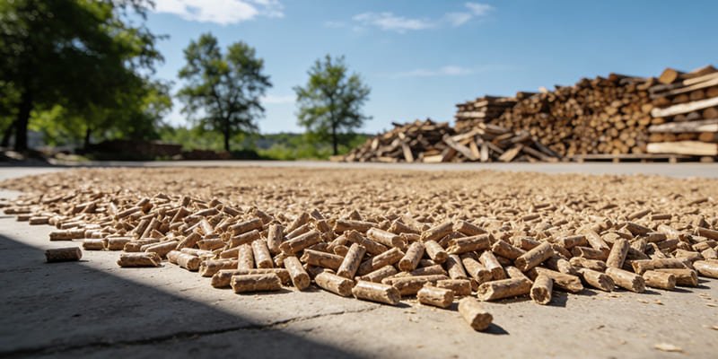 Finished wood pellets being cooled on a flat surface before storage.