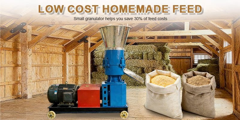 bags of local cornmeal and soybean hulls next to a pellet machine