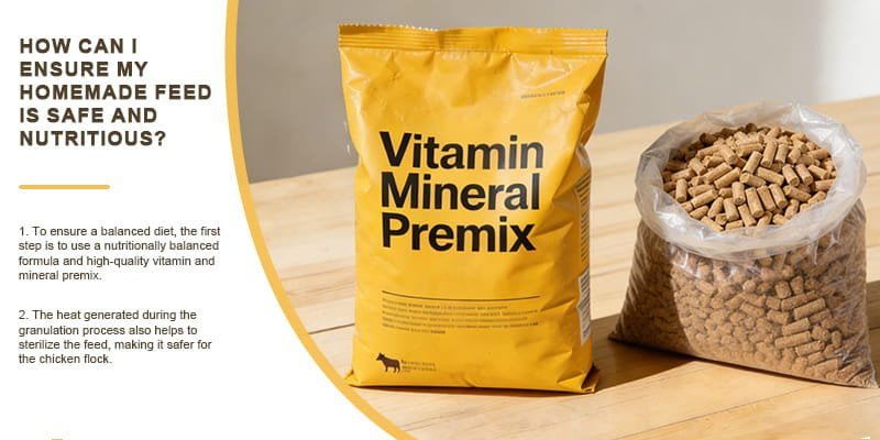 a bag of vitamin-mineral premix next to finished pellets