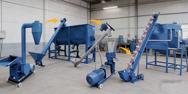 Equipment Used to Manufacture Feed Pellets a complete small-scale feed pellet production line setup in a workshop
