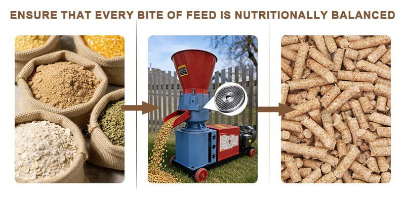 How Feed Pellets Ensure Balanced Nutrition a diagram showing ingredients being compressed into a single pellet