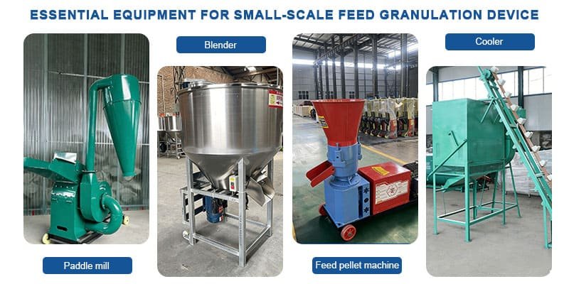 Mini Feed Pelletizing System Equipment an assembly of a hammer mill, mixer, and pellet machine