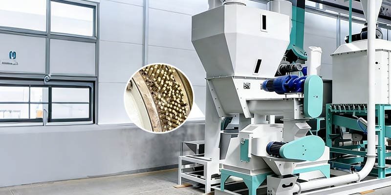 a close-up of the 250 Ring Die Pellet Mill showing pellets being extruded