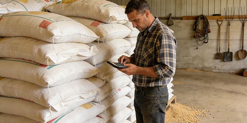 A farmer calculating feed costs with a calculator next to bulk ingredient bags.