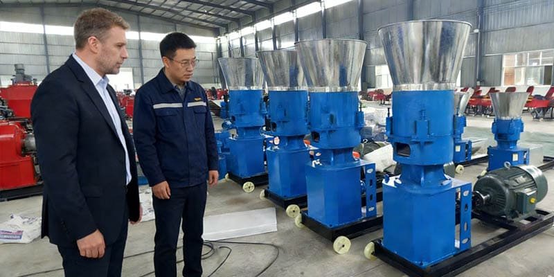 Un cliente revisando las especificaciones de una máquina peletizadora con un experto.