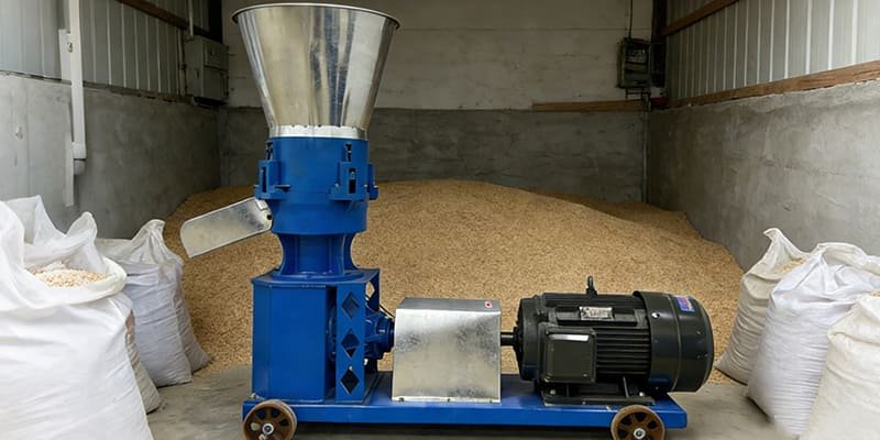 Cost to Start a Small Feed Mill A small, clean feed mill setup in a barn with a pellet machine and bags of grain.