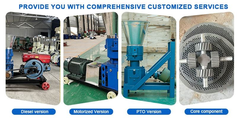 a collage showing a diesel engine, an electric motor, and different sizes of pellet mill dies