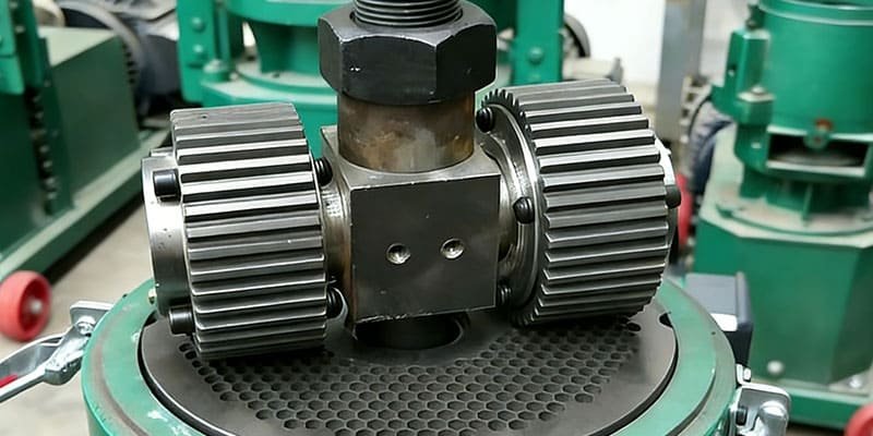 Feed Pellet Machine Components A close-up shot of the heavy-duty rollers and die of a feed pellet machine.