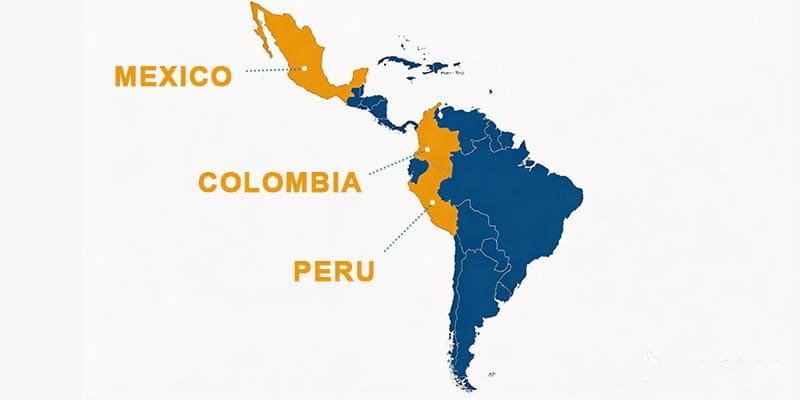 Mapa de Latinoamérica destacando México, Perú y Colombia.