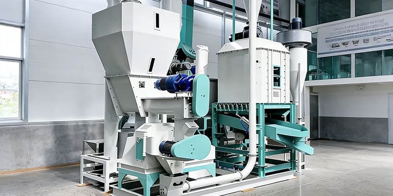 a compact, vertical modular feed pellet plant installed in a small workshop