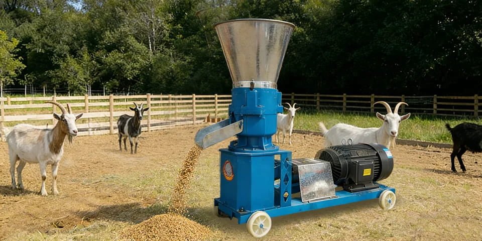 A sheep feed pellet machine in operation on a small farm, producing fresh pellets.