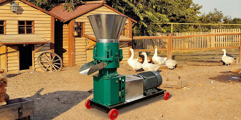 A small flat die feed pellet machine in a poultry farm setting in Turkey