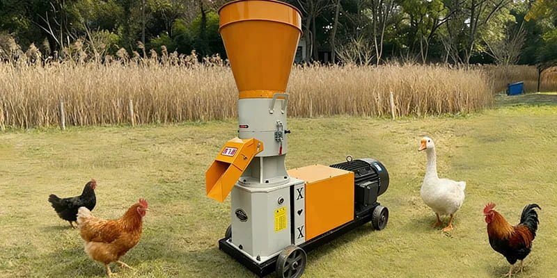 A small feed pellet machine for Venezuela farms operating efficiently in a barn.