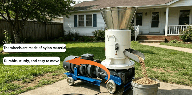 A compact, portable wood pellet mill being easily moved in a residential yard.