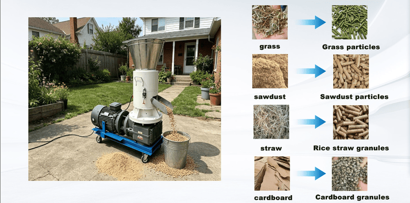 A display showing different raw materials like sawdust, grass, and leaves next to finished pellets.