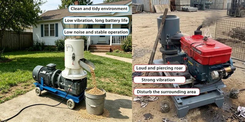 A side-by-side of a quiet electric wood pellet mill and a noisy diesel model.
