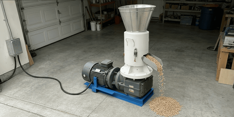 An electric wood pellet machine for home use producing pellets in a clean garage setting.