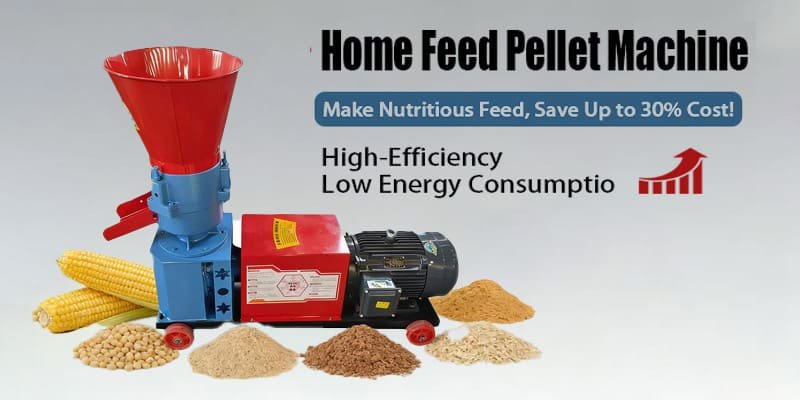 A small STROSEN feed pellet machine for home use turning a grain mix into fresh chicken feed pellets.