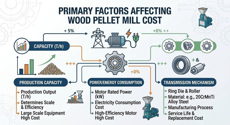 Diagram showing factors affecting wood pellet mill cost: capacity, power, and core parts.