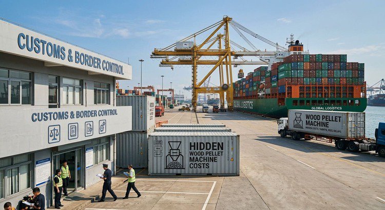 A container ship and a customs office representing international shipping and hidden costs of a wood pellet machine.