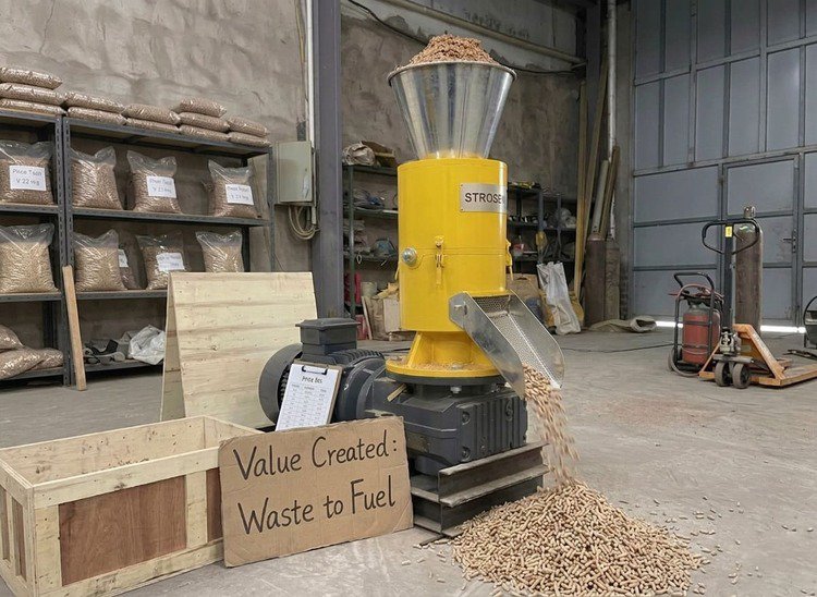A STROSEN wood pellet machine turning sawdust into valuable fuel pellets.