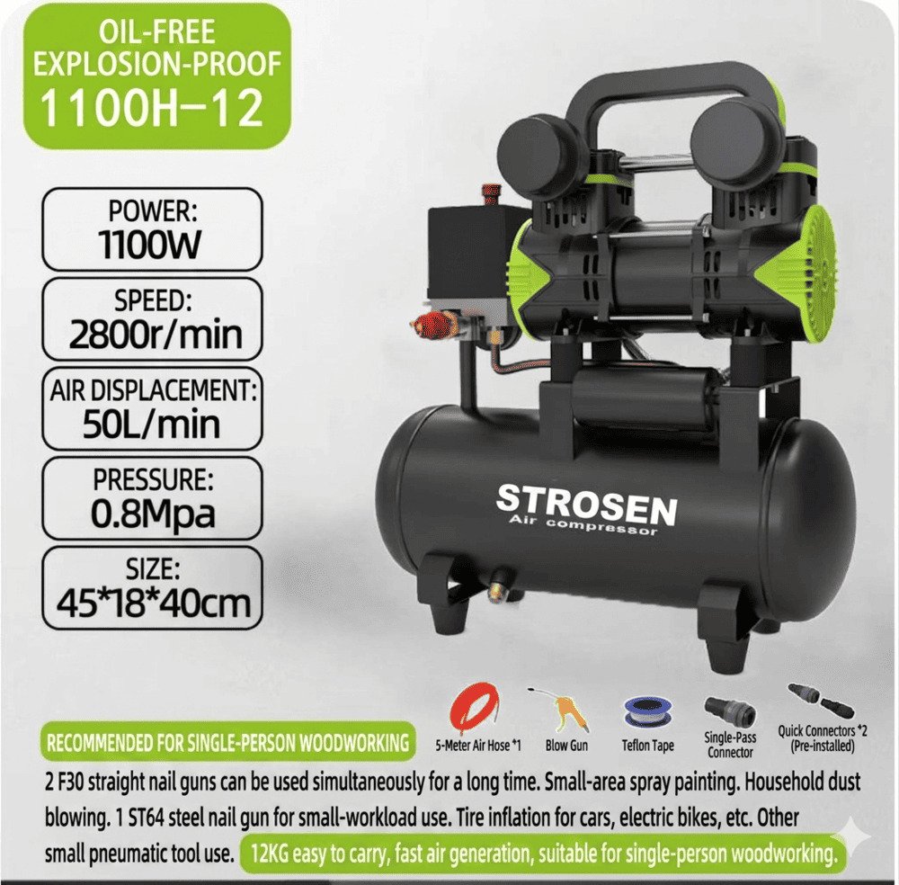 STROSEN 1100W oil-free explosion-proof air compressor for single person woodworking