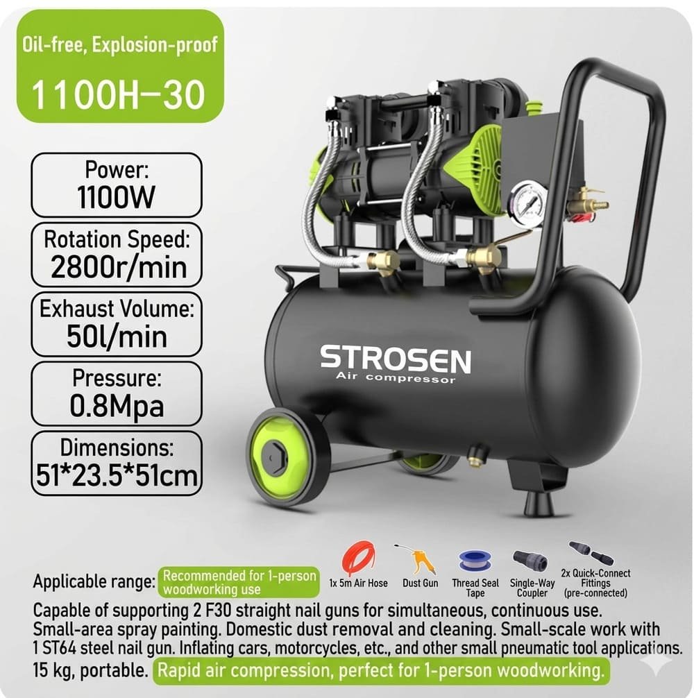 STROSEN 1100W 30L oil-free explosion-proof air compressor for 1-person woodworking with accessories included