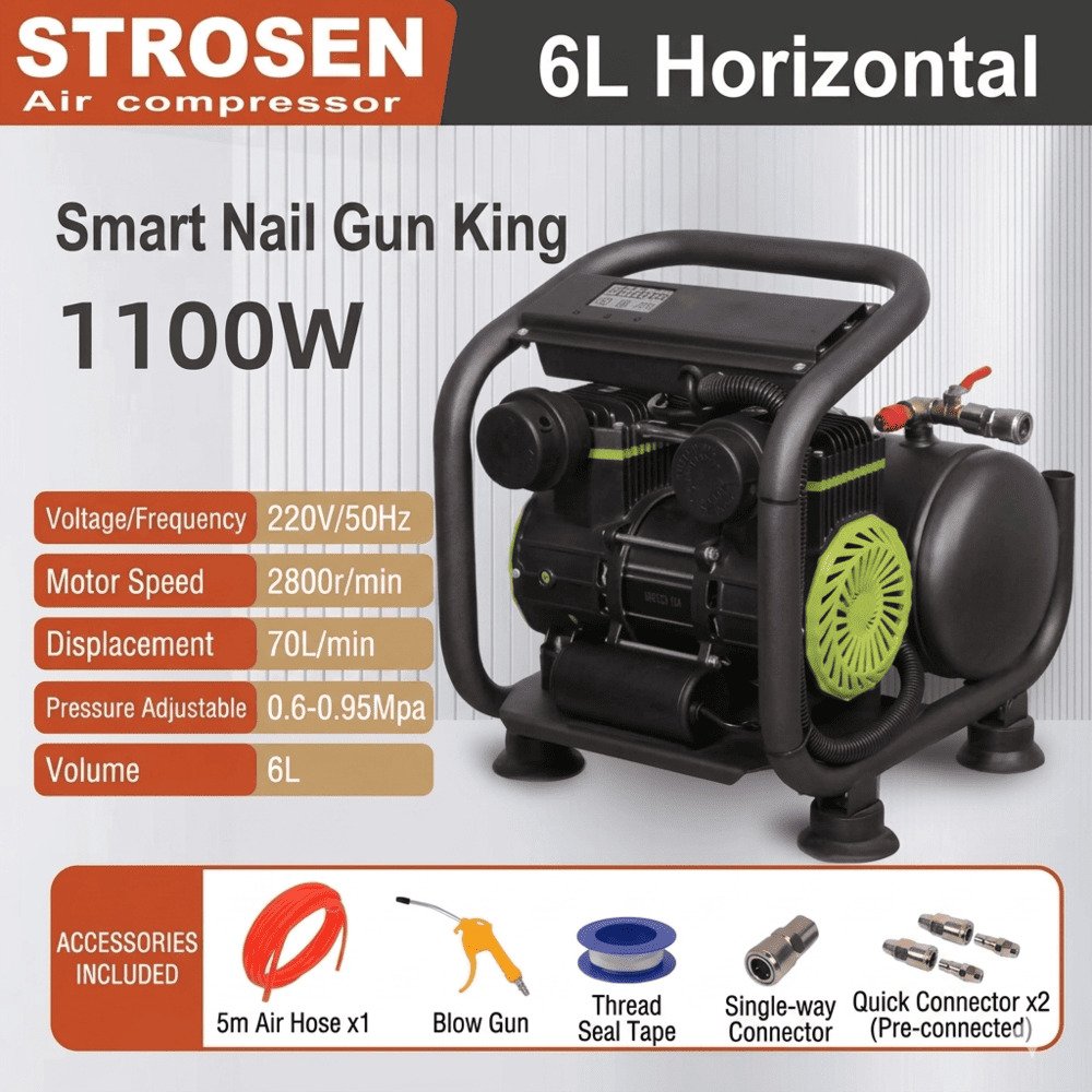 STROSEN 1100W 6L horizontal portable air compressor smart nail gun king with accessories included