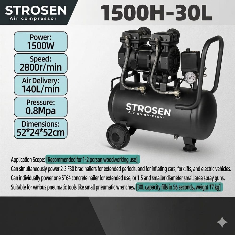 STROSEN 1500H 30L air compressor recommended for 1-2 person woodworking use with 0.8Mpa pressure