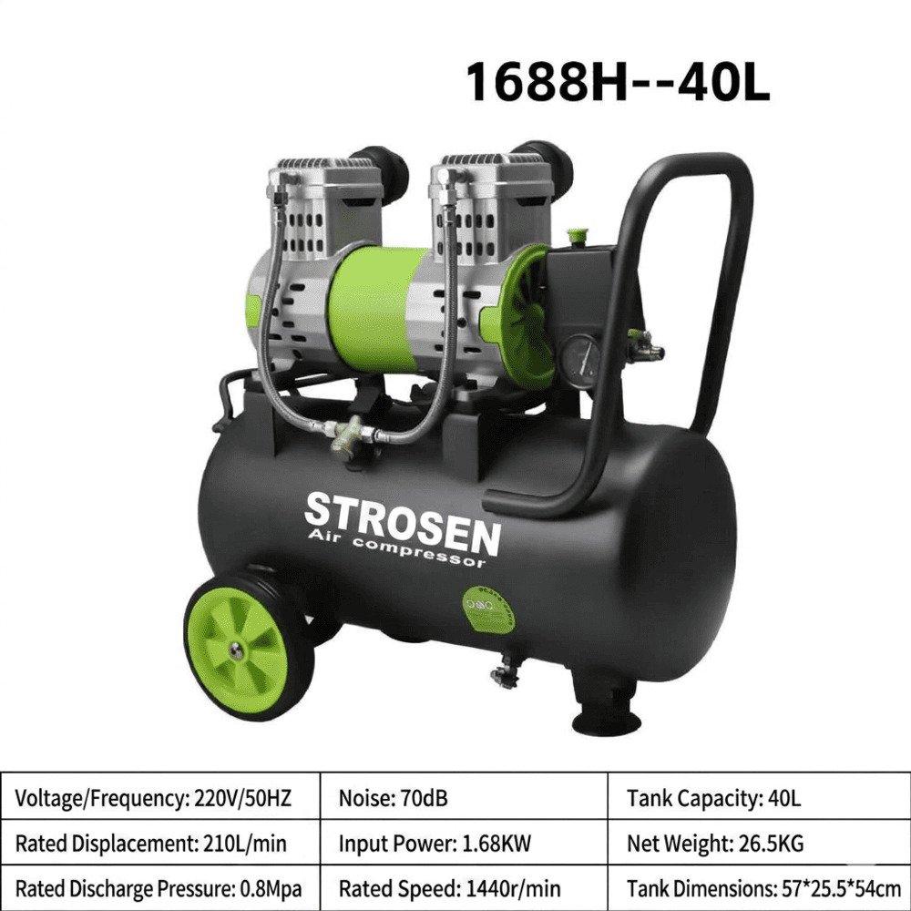 STROSEN 1688H 40L oil-free air compressor with low noise 70dB and 1.68KW input power