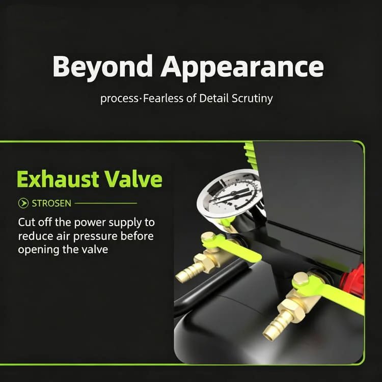 Close-up of Strosen air compressor exhaust valve and pressure gauge showing precise safety details