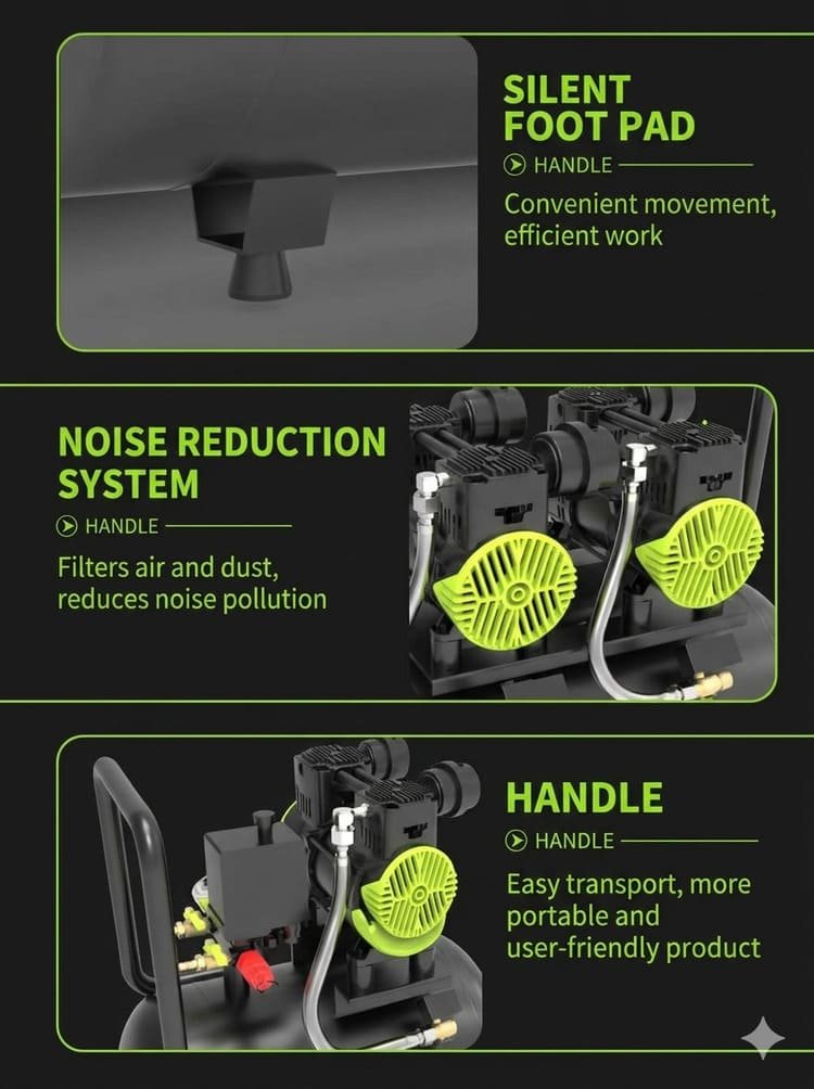 Product design details of Strosen air compressor including silent foot pad and noise reduction system