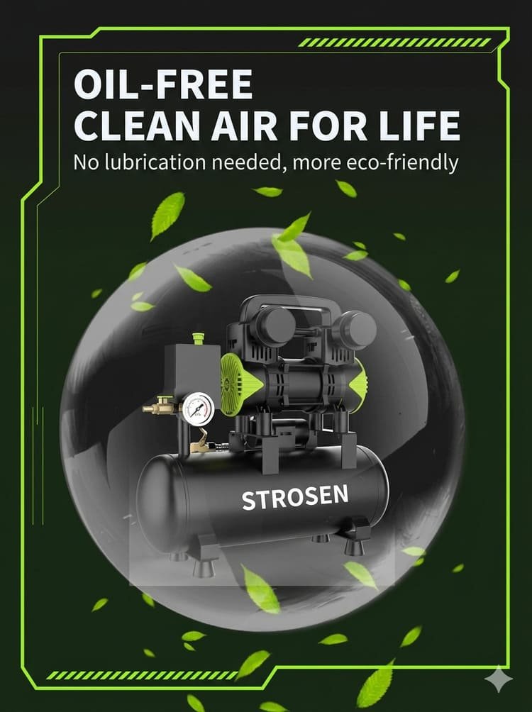 Strosen eco-friendly oil-free air compressor providing clean air with no lubrication needed