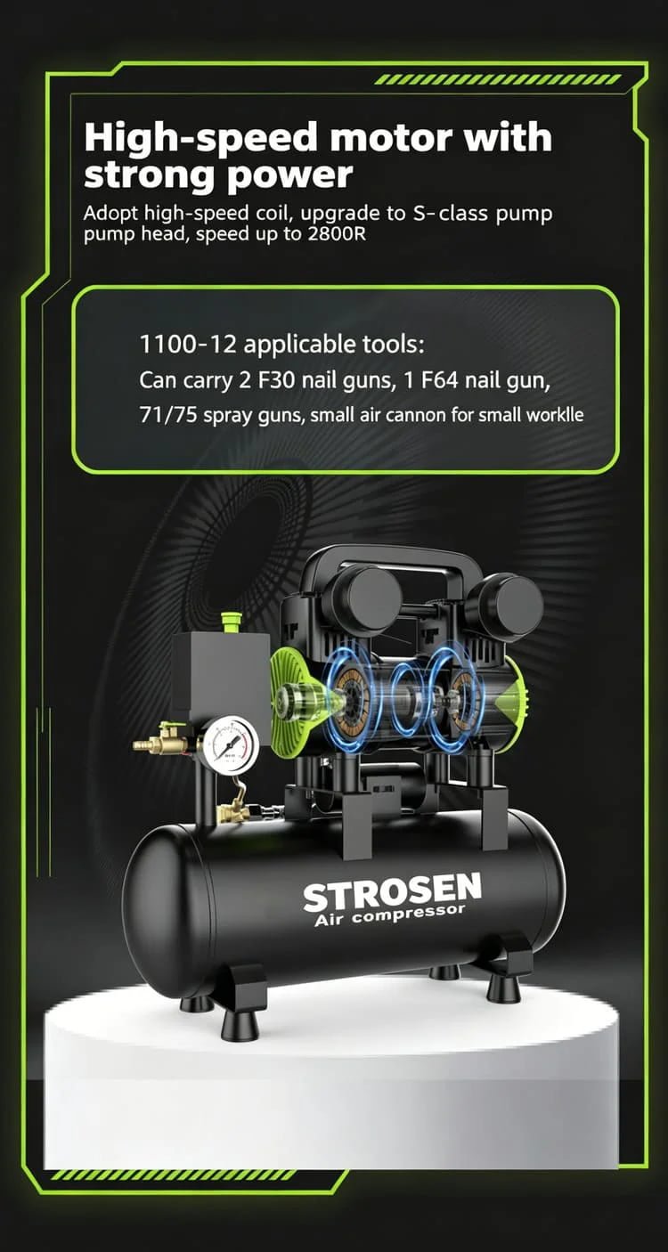 Strosen high-speed motor air compressor compatible with nail guns and spray guns
