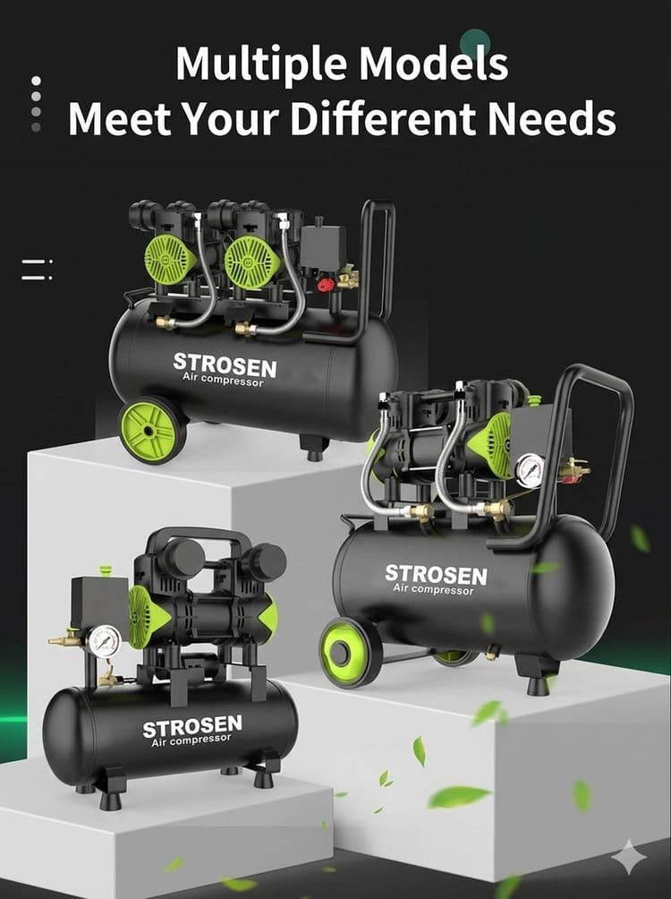 Multiple models of Strosen quiet oil-free air compressors to meet different industrial and DIY needs