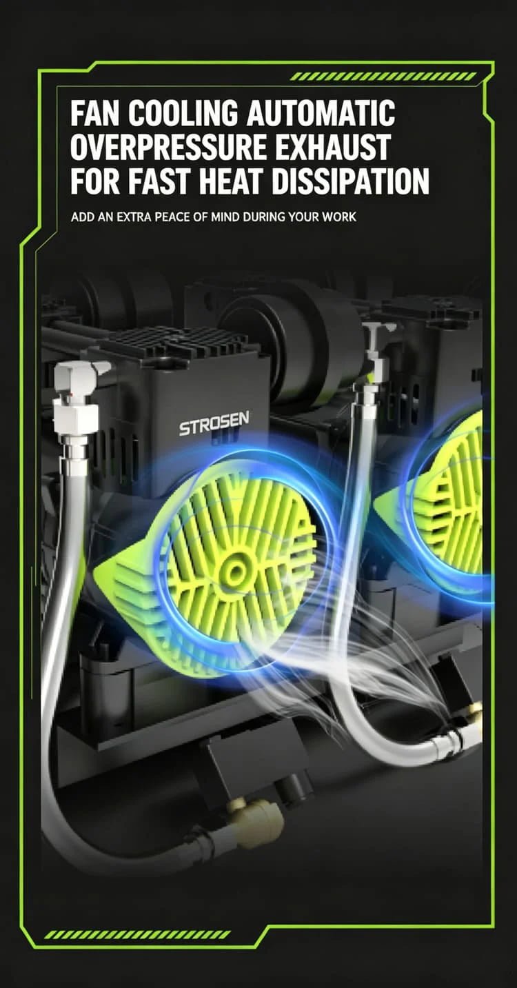 Strosen silent air compressor featuring an automatic overpressure exhaust and fast fan cooling system