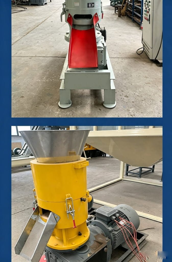 Close-up view of biomass pellet machine, discharge port and main body structure display