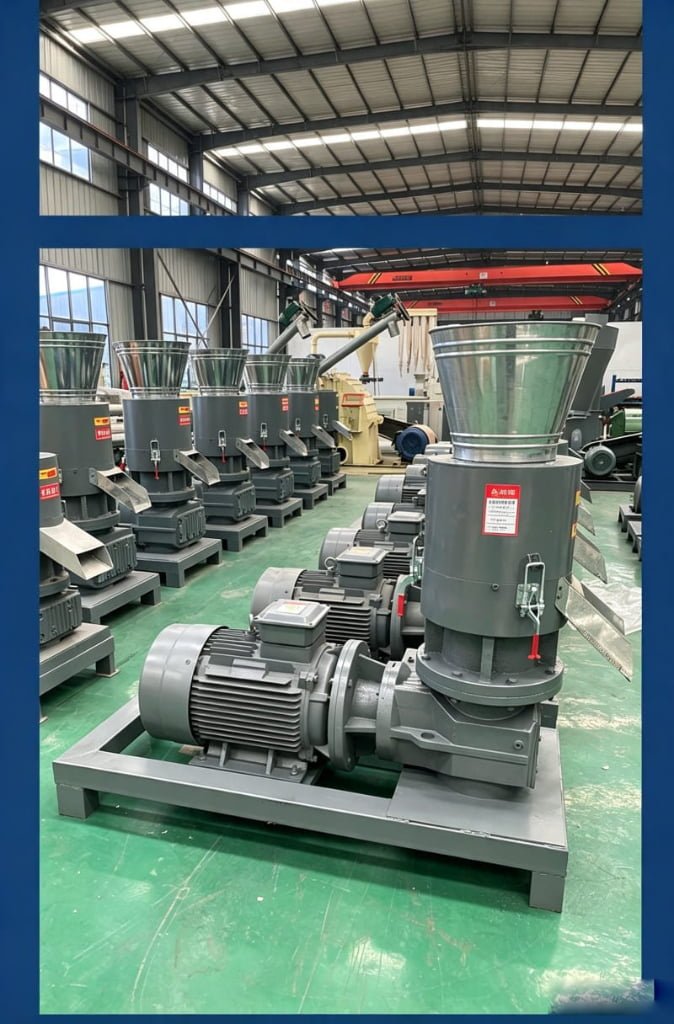 Multiple biomass pellet machines in factory workshop, finished pellet mill inventory ready for shipment