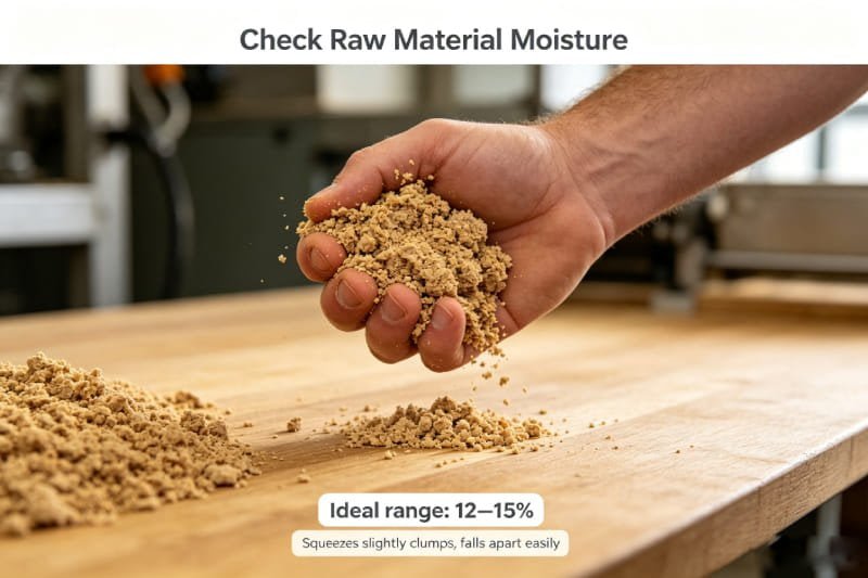 A hand squeezing feed material to demonstrate the ideal 12-15% moisture test for pellet making.