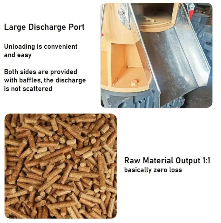 Large discharge port design of pellet machine, finished biomass wood pellets, low material loss